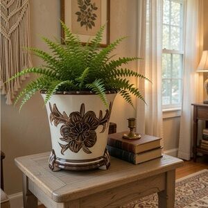 Vintage 1940s Art  Planter | Brown Floral Jardiniere | Mid Century CottageCore